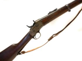 Remington rolling block rifle chambered in .43 Spanish, 36inch barrel with bayonet bar and folding