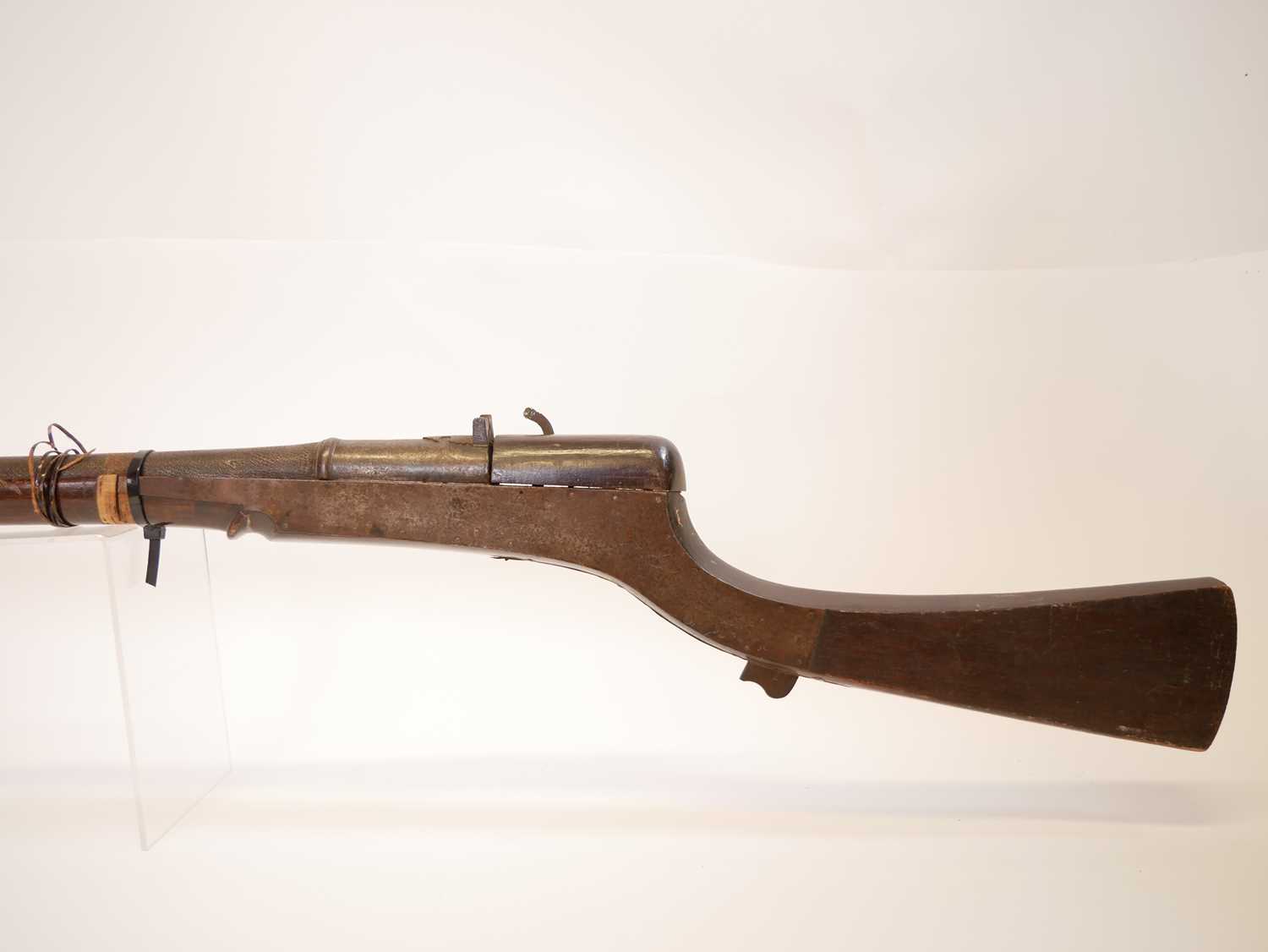 Large Indian matchlock, 42 inch barrel approximately 10 bore, steel reinforced stock. THIS LOT IS - Image 12 of 15