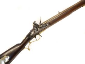 Flintlock .625 Baker rifle by E. Baker and Sons, 40 inch browned barrel with seven groove rifling,