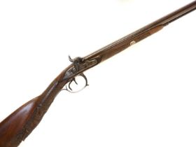 Belgian percussion 20 bore side by side double barrel shotgun, 30 inch Damascus barrels, engraved