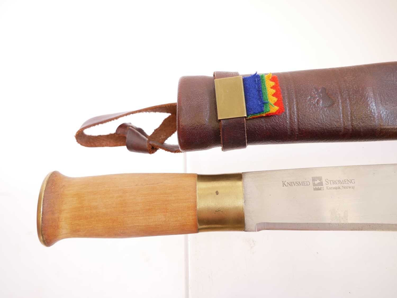 Knivsmed hunting knife, 9inch blade marked 'Knivsmed Stromeng Karasjok, Norway' with leather - Image 6 of 7