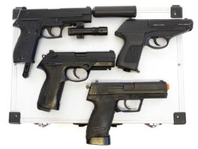 Four CO2 air pistols with five storage cases, to include a Gamo P-23 .177 BB serial number 04-4C-
