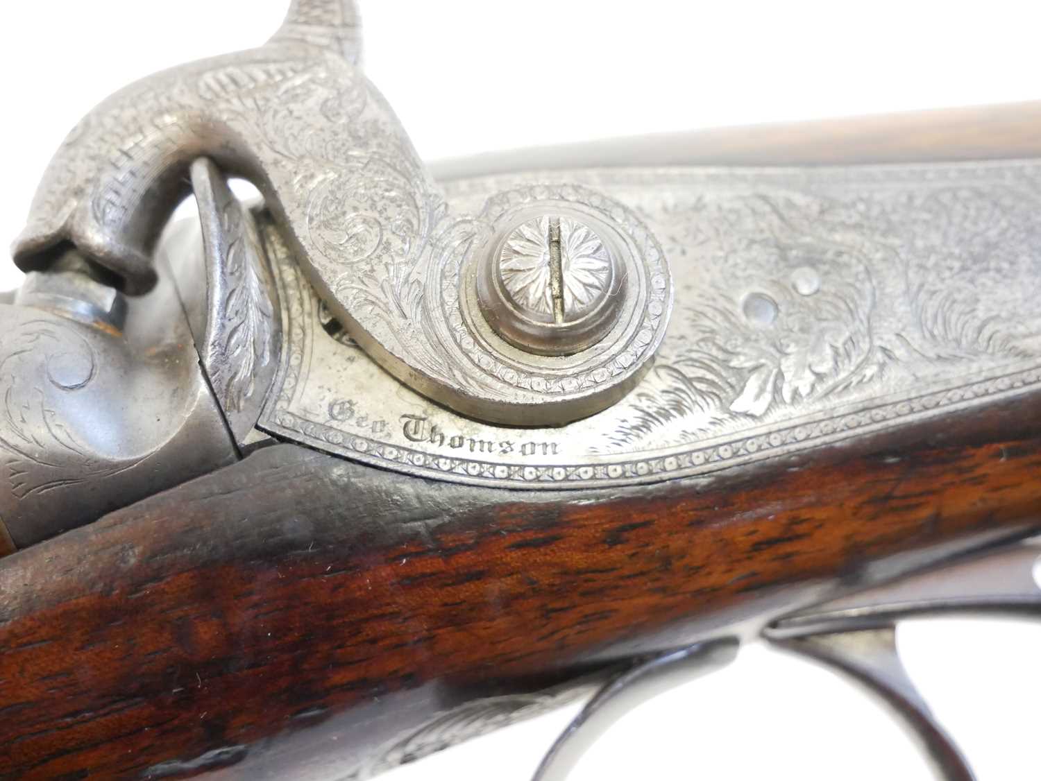 Cased George Thompson of Edinburgh 16 bore side by side percussion shotgun, 30 inch browned Damascus - Image 15 of 30