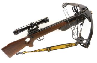 Horton LS Express compound crossbow, serial number 19903, with pulley set limbs figured wood