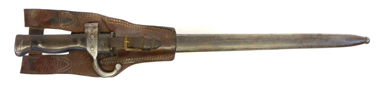 French 1892 Berthier 1st pattern bayonet and scabbard, with leather frog stamped E203. Buyer must be