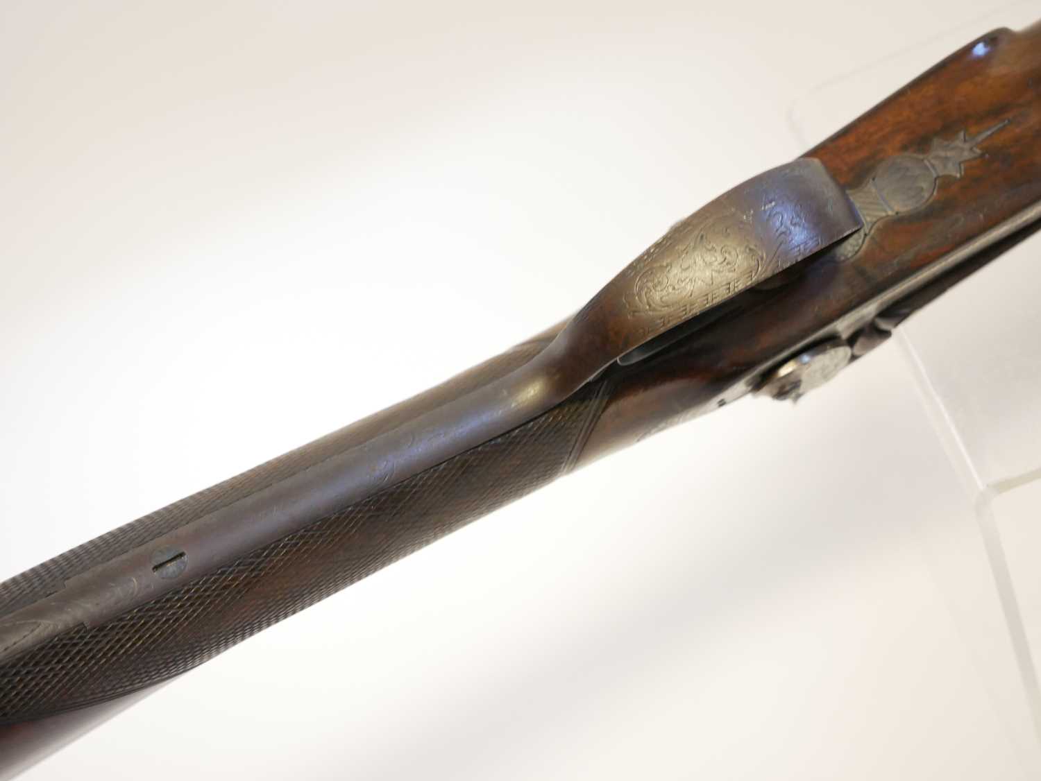 C. Moore of London percussion 18 bore side by side double barrel shotgun, 29.5 inch Damascus barrels - Image 11 of 15