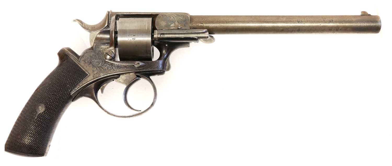 Webley solid frame .442 rimfire revolver, 8inch sighted round barrel the top strap engraved 'Hills