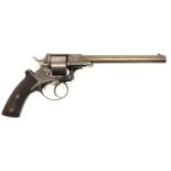 Webley solid frame .442 rimfire revolver, 8inch sighted round barrel the top strap engraved 'Hills