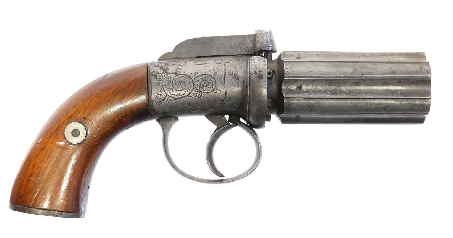 Percussion pepperbox 100 bore revolver, 2.5inch six shot cylinder, scroll engraved action. Section