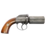 Percussion pepperbox 100 bore revolver, 2.5inch six shot cylinder, scroll engraved action. Section