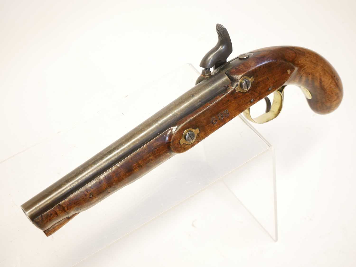 Percussion pistol, 9inch barrel, the lock with replacement hammers stamped Yeoman's London, brass - Image 10 of 10