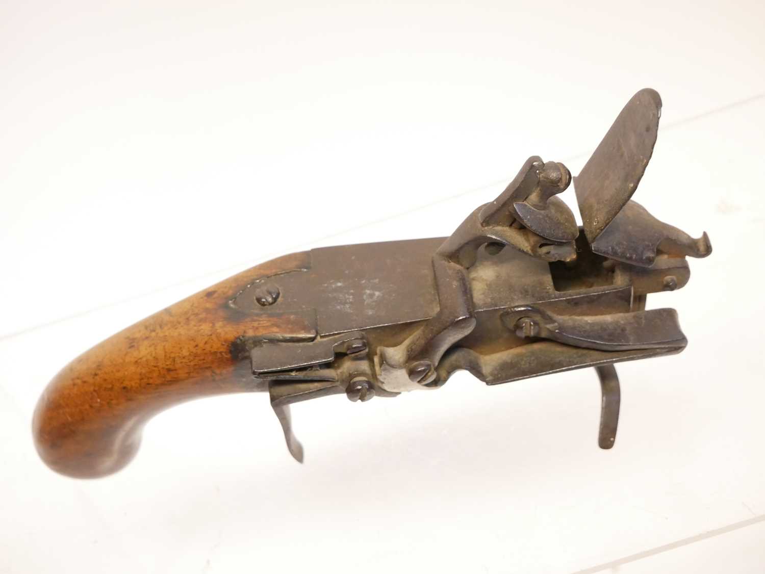Flintlock tinder box lighter, with exposed action and wood pistol grip stock. 21cm long The - Image 2 of 5