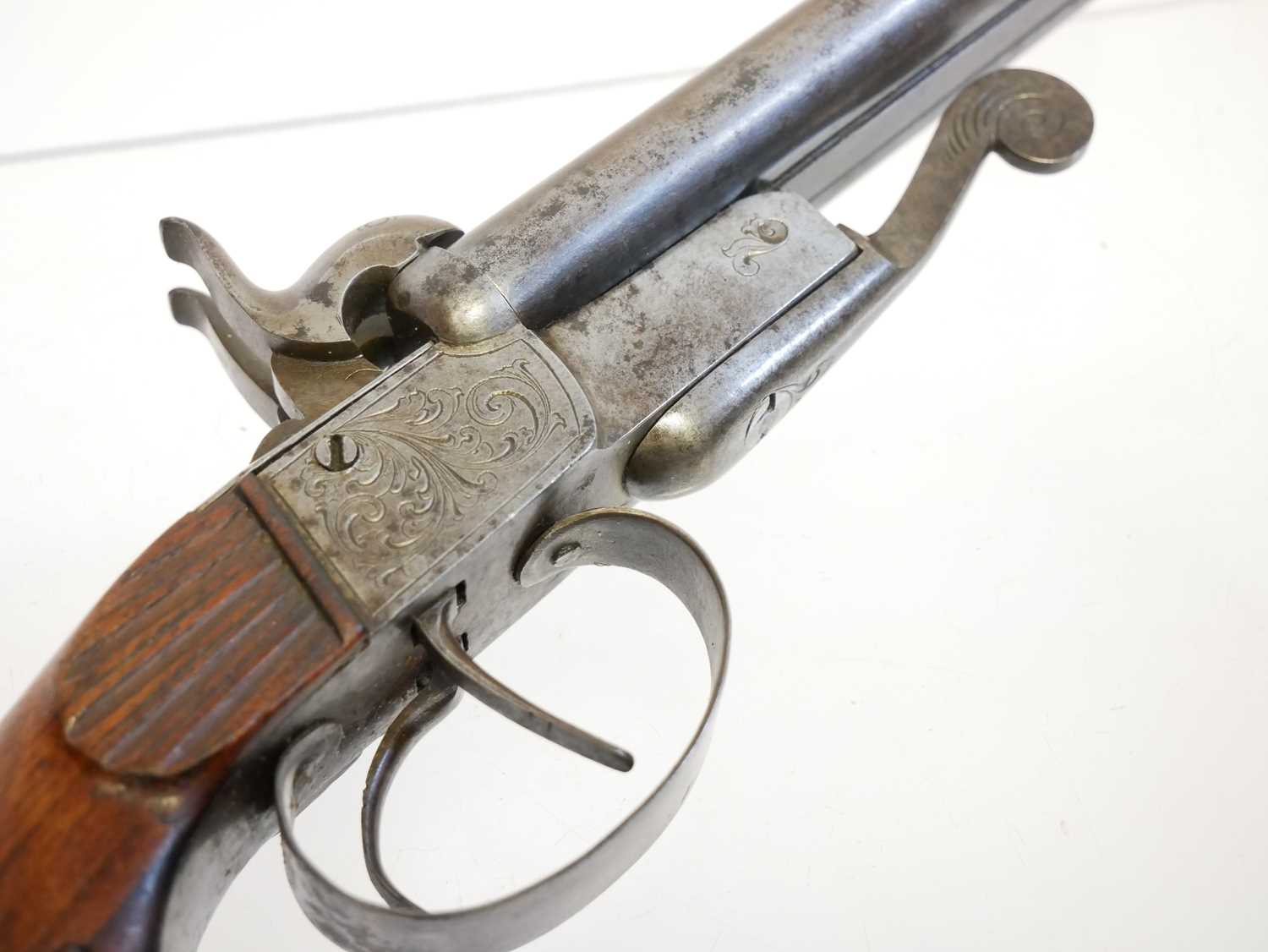 Belgian 56 bore double barrel pinfire pistol, with 4inch rifled barrels, boxlock action with - Image 4 of 9