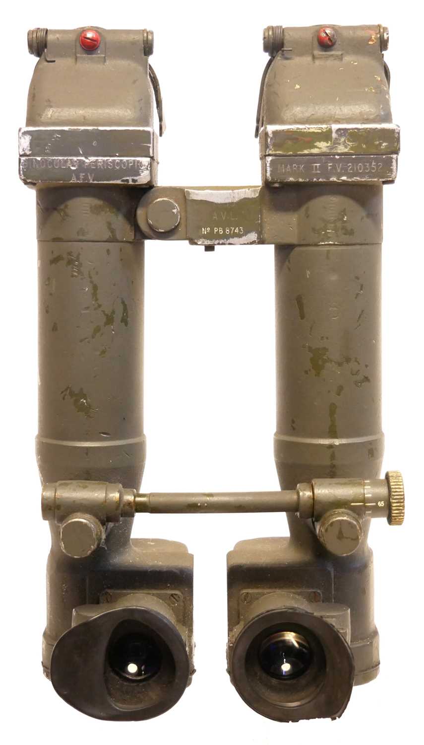 British armoured vehical pair of Periscopic Binoculars, MkII numbered F.V.210352, and No.PB8743.