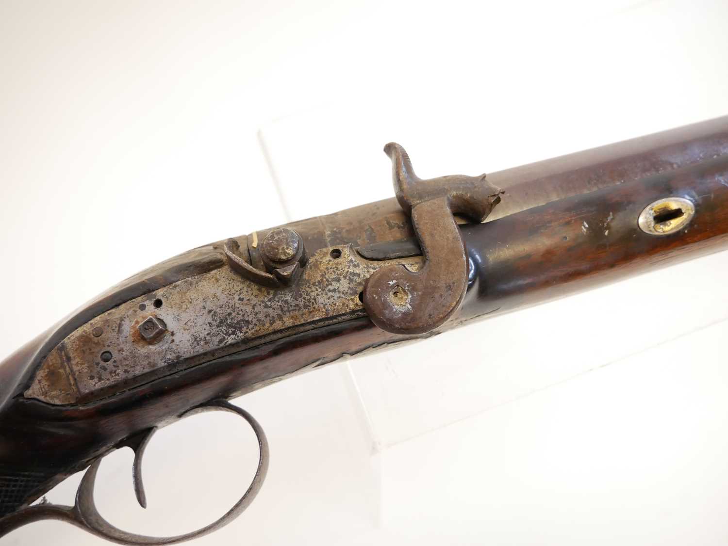 Percussion shotgun, converted from a flintock, with 30 inch Damascus Spanish form barrel, - Image 10 of 18