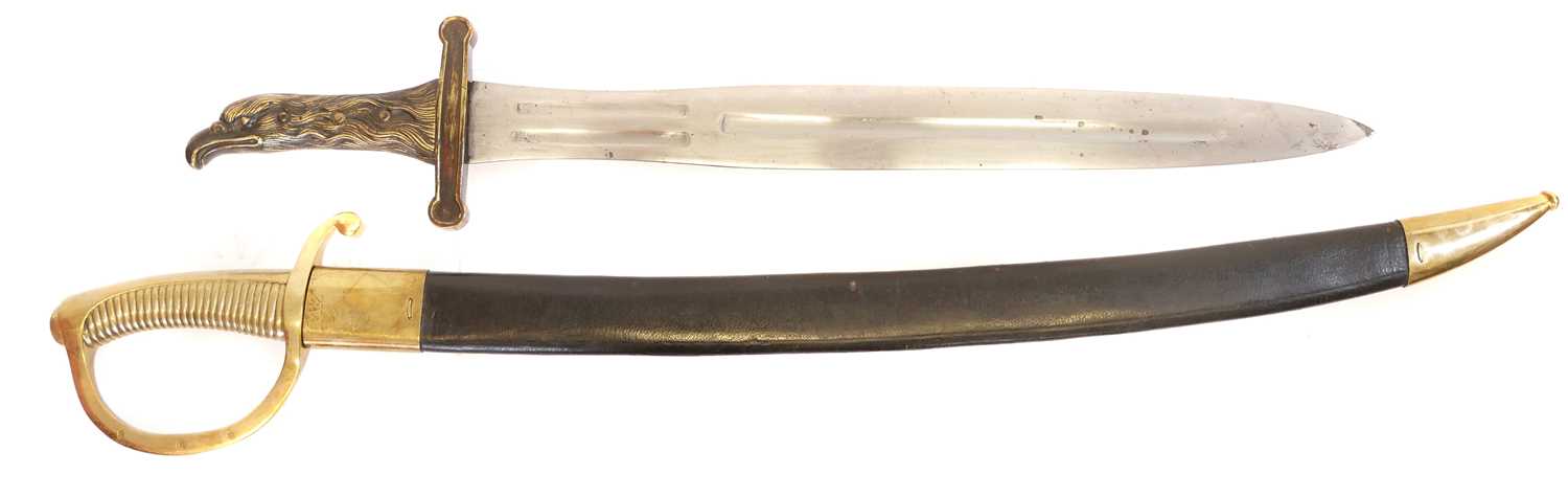 Reproduction copy of a French Briquet or short sword and scabbard, together with one other