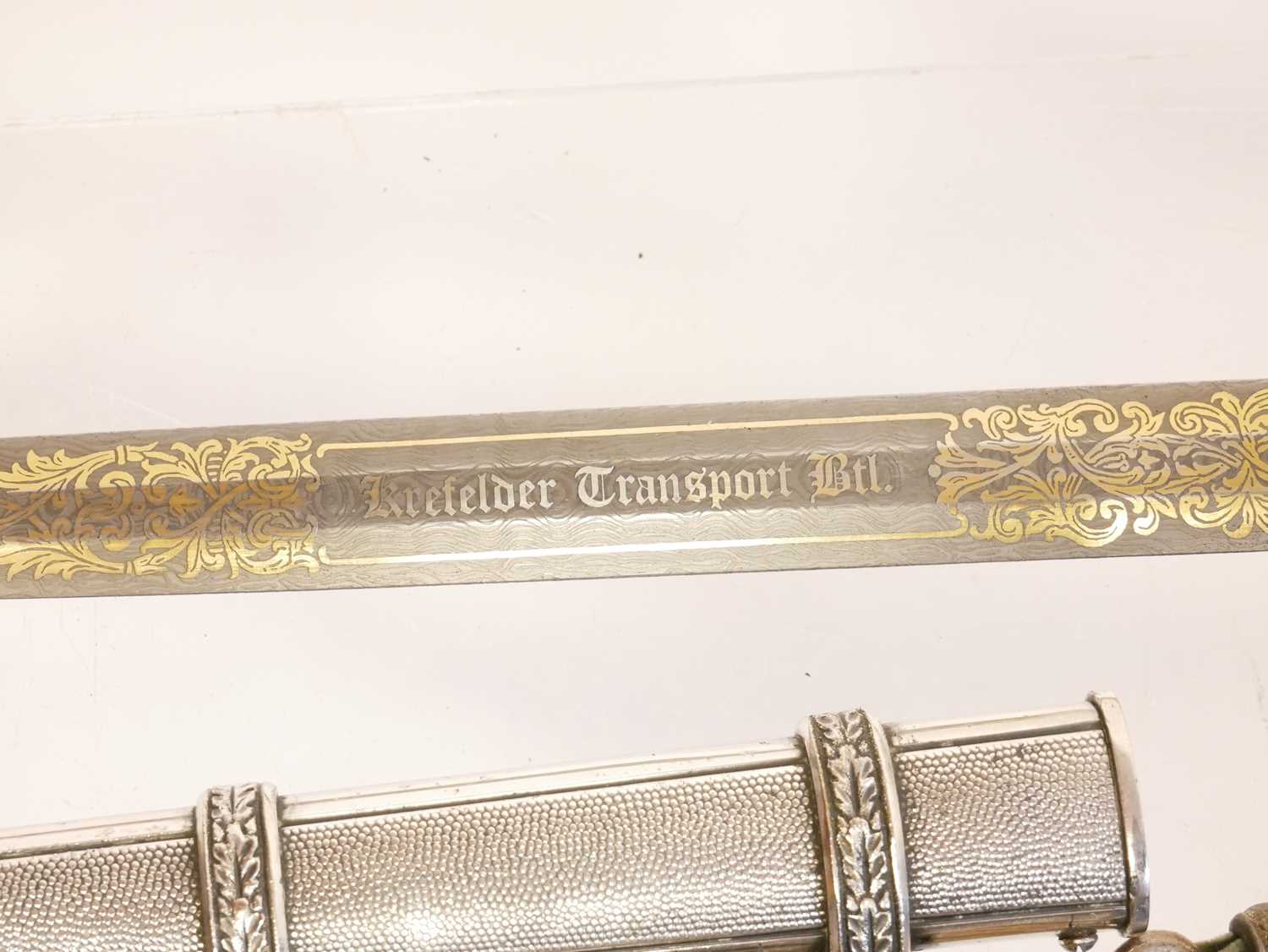 German WWII Army officers dagger and scabbard, artificial Damascus blade etched 'Krefelder Transport - Image 3 of 15