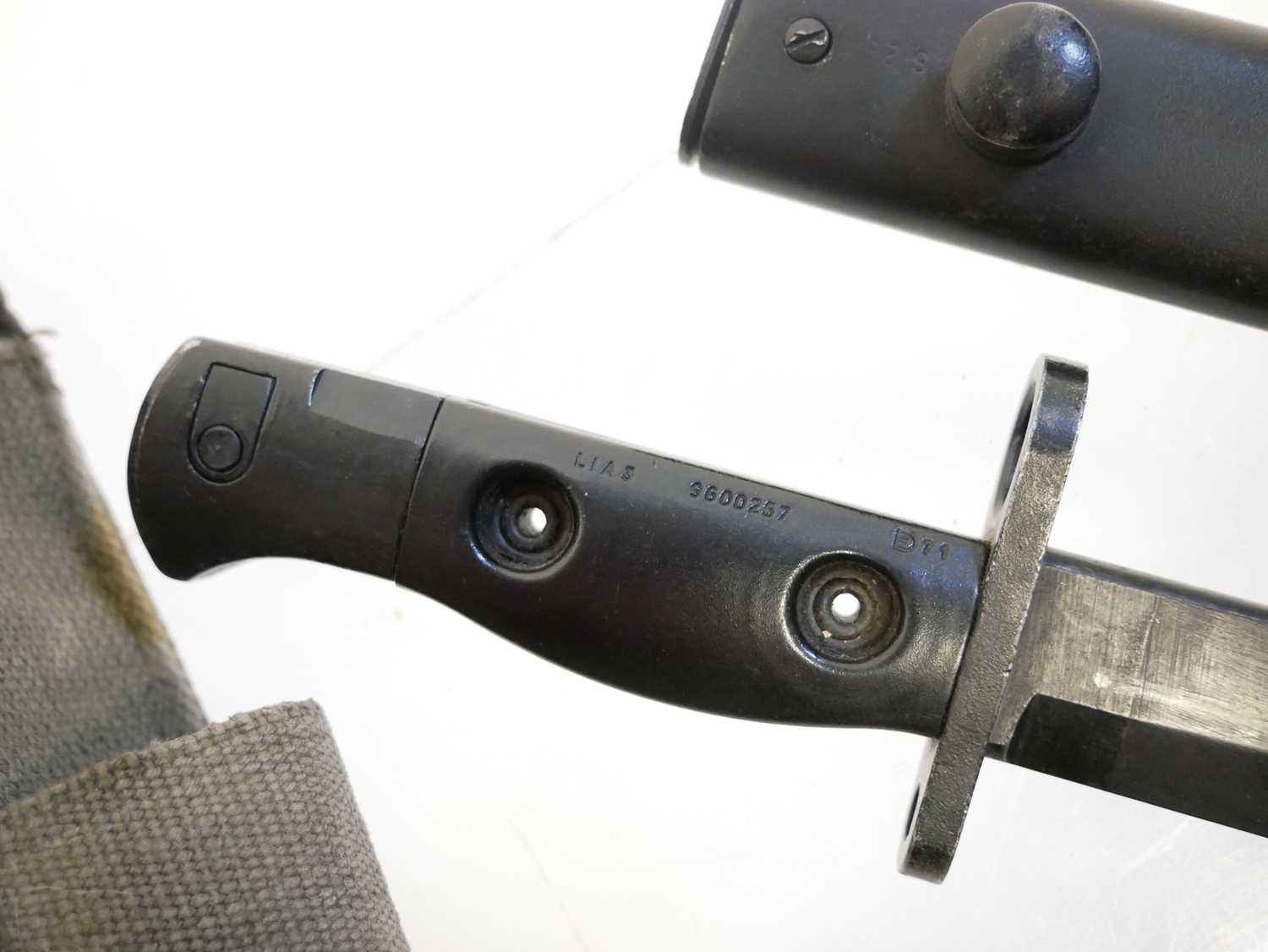 British L1A3 knife bayonet and scabbard for the SLR in the integral frog on a Pattern 58 webbing - Image 3 of 6