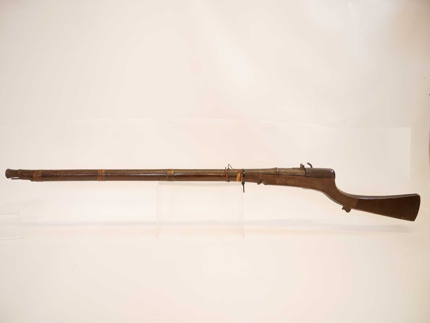 Large Indian matchlock, 42 inch barrel approximately 10 bore, steel reinforced stock. THIS LOT IS - Image 14 of 15