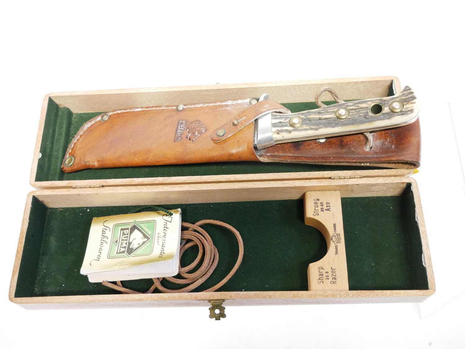 Puma White Hunter no.6377 knife, 6 inch blade, stag horn grips, with leather sheath and box. Buyer - Image 6 of 6