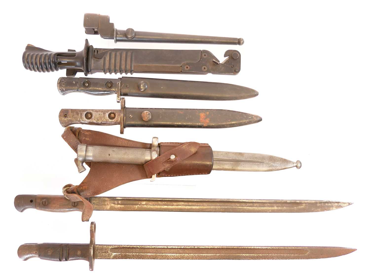 Collection of bayonets, to include two L.1.A.3. SLR bayonets and scabbards, one lacking the muzzle