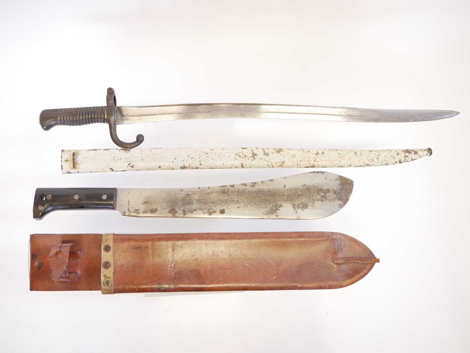 Legitimus Collins machete the ricasso stamped with maker mark and 1940 date, the leather scabbard - Image 2 of 9