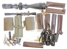 Collection of shooting accessories, to include a Edgar Brothers 3-18 x 50 AOE scope, another