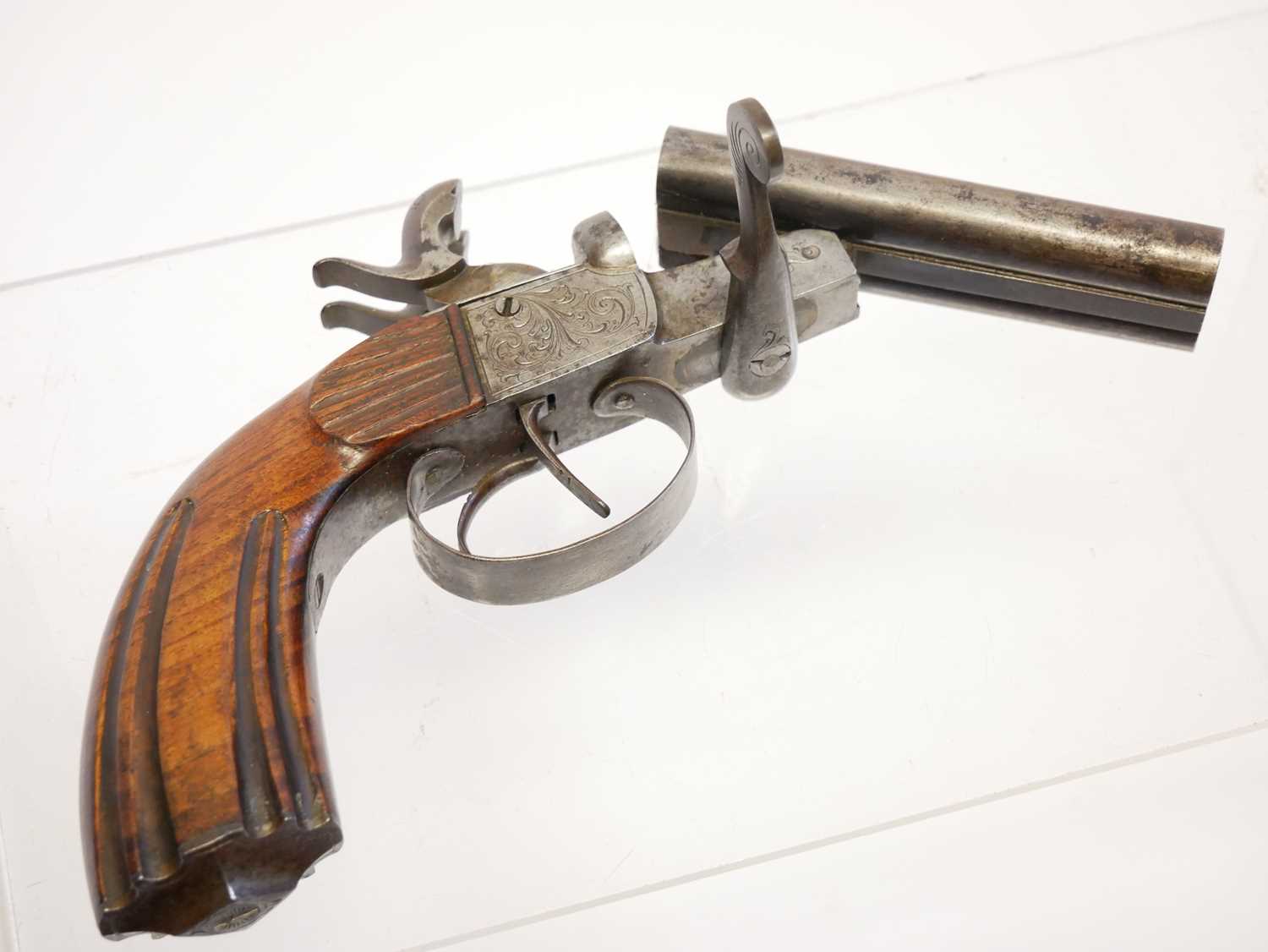 Belgian 56 bore double barrel pinfire pistol, with 4inch rifled barrels, boxlock action with - Image 8 of 9