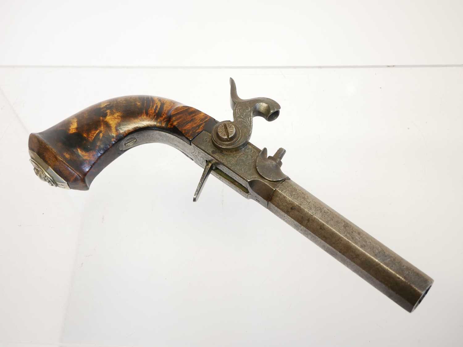 Belgian 48 bore percussion pistol, with 3inch rifled octagonal Damascus barrel ,boxlock action - Image 12 of 12