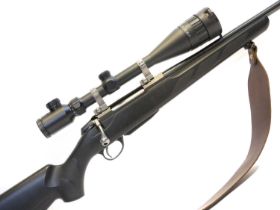 Tikka T3 .223 bolt action rifle with moderator, serial number 438262, 18inch barrel, black synthetic