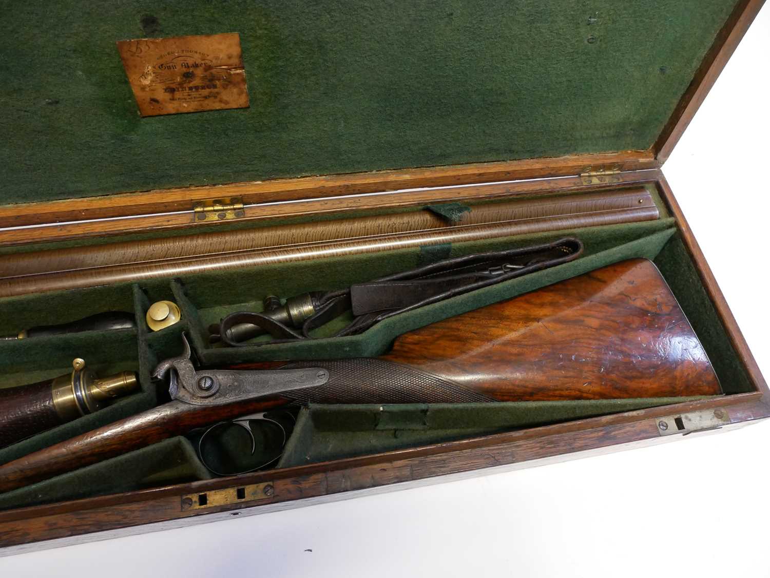 Cased George Thompson of Edinburgh 16 bore side by side percussion shotgun, 30 inch browned Damascus - Image 28 of 30