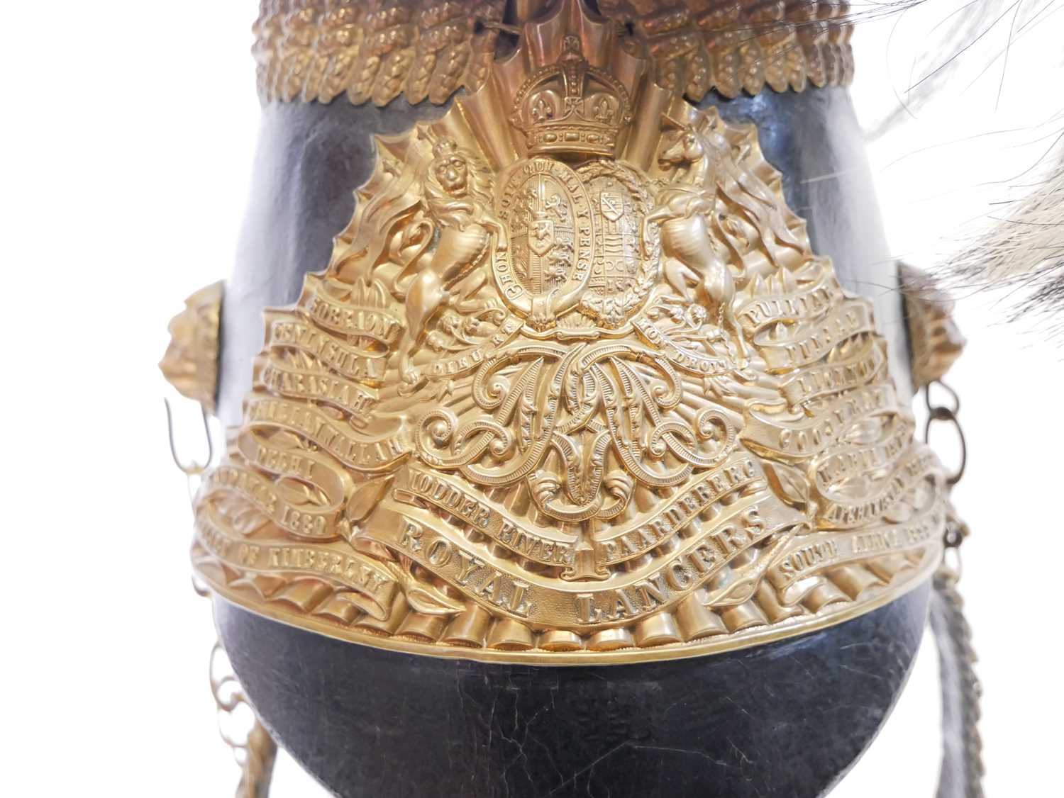 Royal Lancers chapska or helmet, fitted with helmet plate, chinscales, and plume bears remnants of - Image 2 of 14