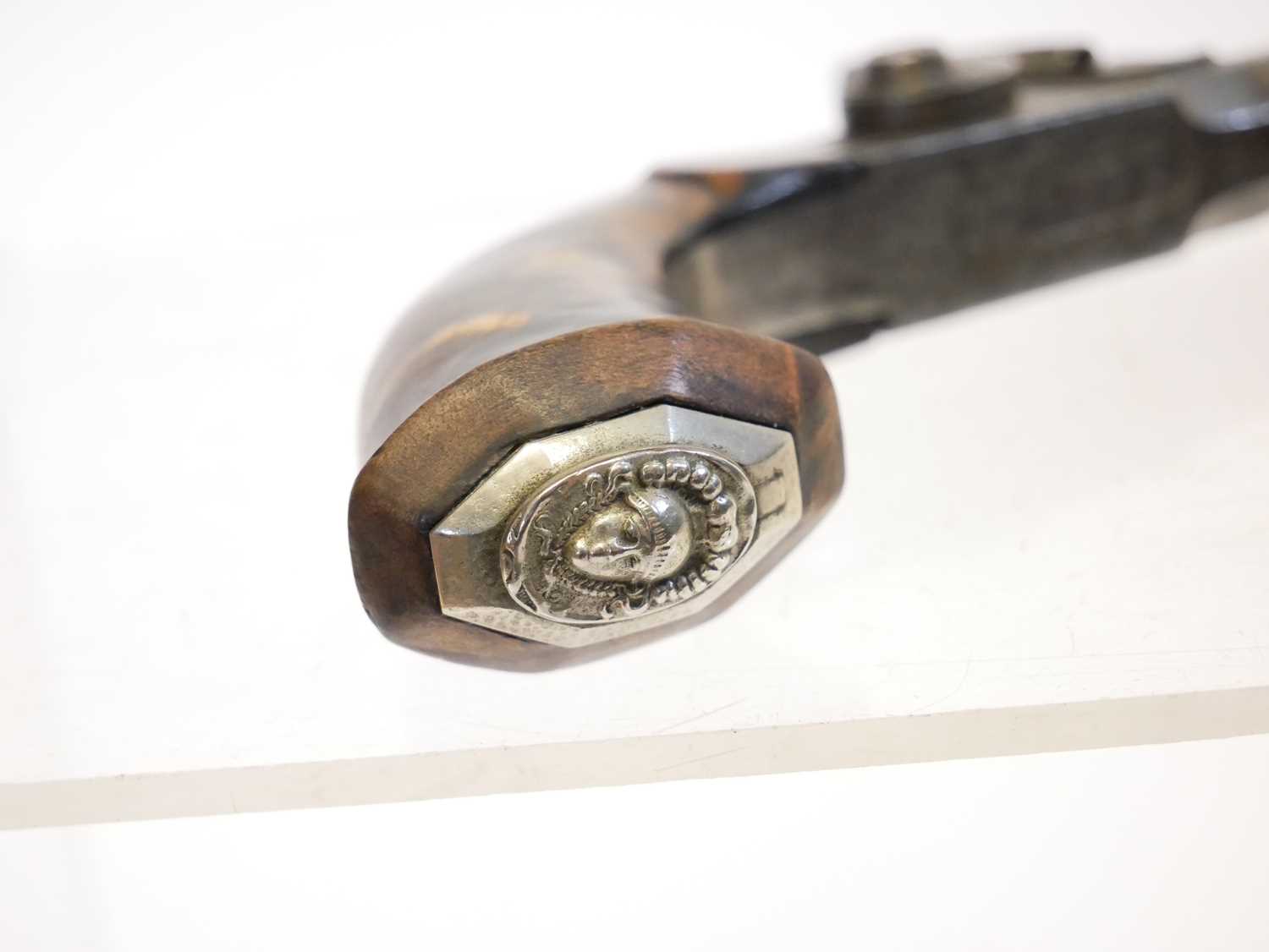 Belgian 48 bore percussion pistol, with 3inch rifled octagonal Damascus barrel ,boxlock action - Image 3 of 12