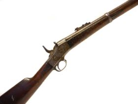 Remington rolling block rifle chambered in .50-70, 36inch barrel secured by three bands, with