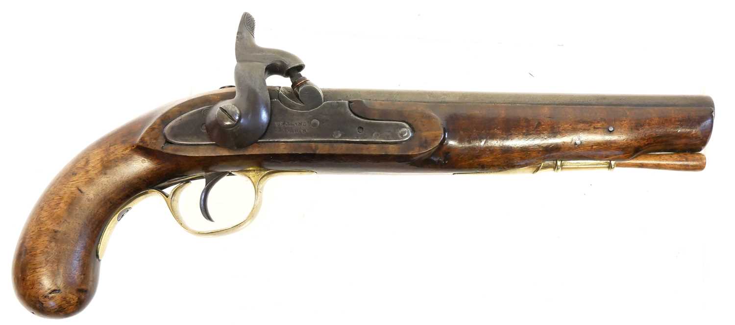 Percussion pistol, 9inch barrel, the lock with replacement hammers stamped Yeoman's London, brass