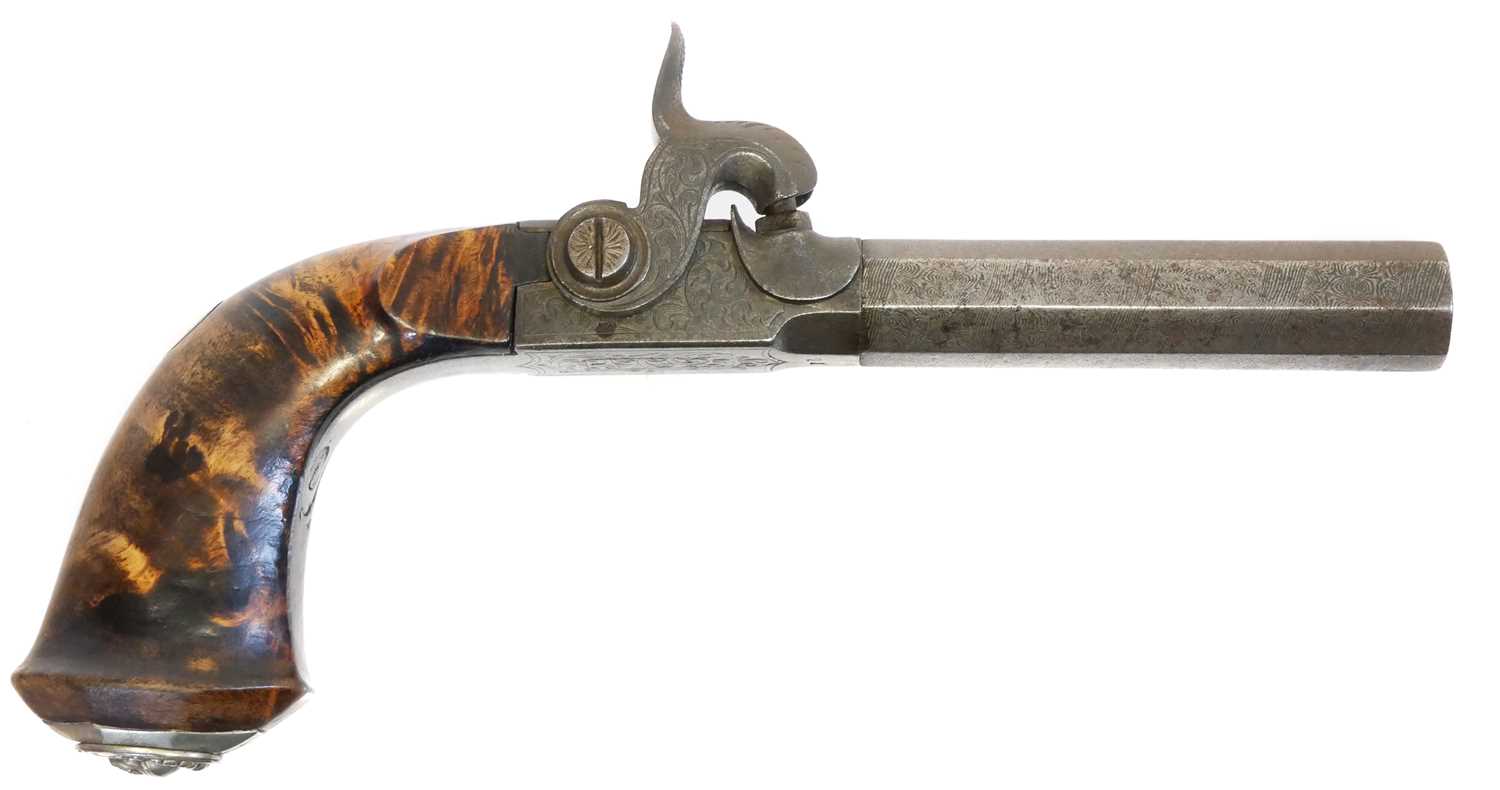 Belgian 48 bore percussion pistol, with 3inch rifled octagonal Damascus barrel ,boxlock action