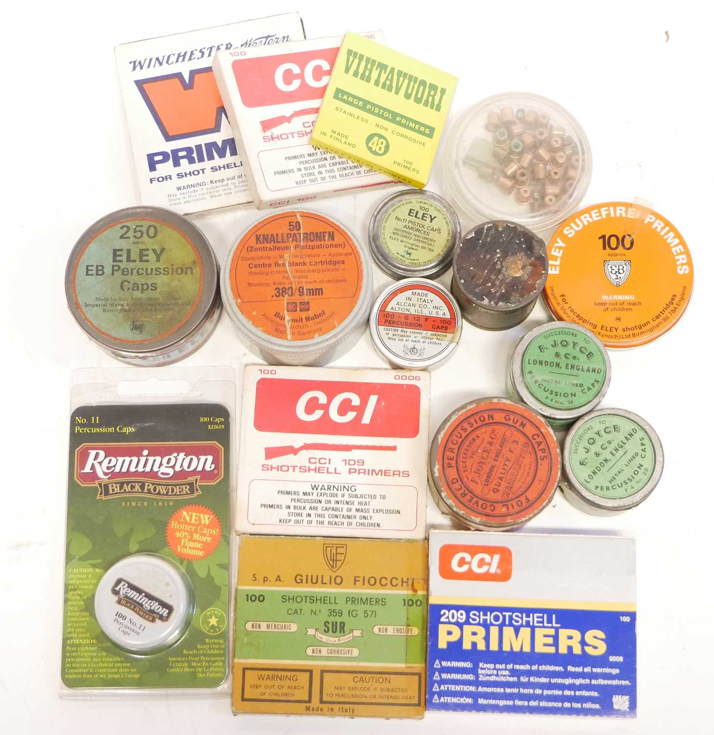 Collection of vintage and modern primers, including three Joyce percussion cap tins, (one sealed)