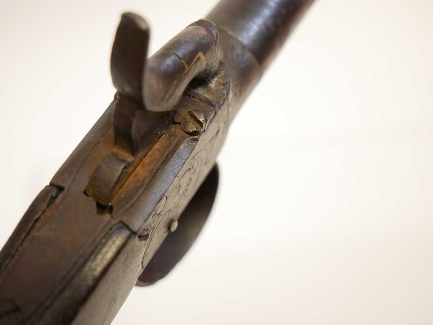 Percussion 70 bore pistol, 2.25inch barrel, box lock action engraved with scrollwork, the stock - Image 6 of 10