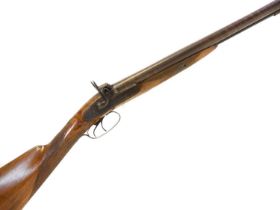 Percussion 12 bore side by side double barrel shotgun, 27 inch Damascus barrels, scroll and game