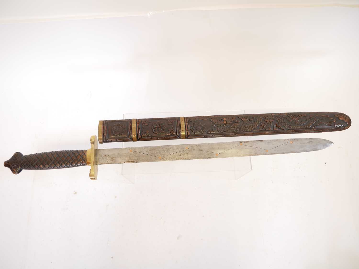Chinese double edged sword, with copper studded blade, brass guard and carved grip and scabbard. - Image 6 of 7
