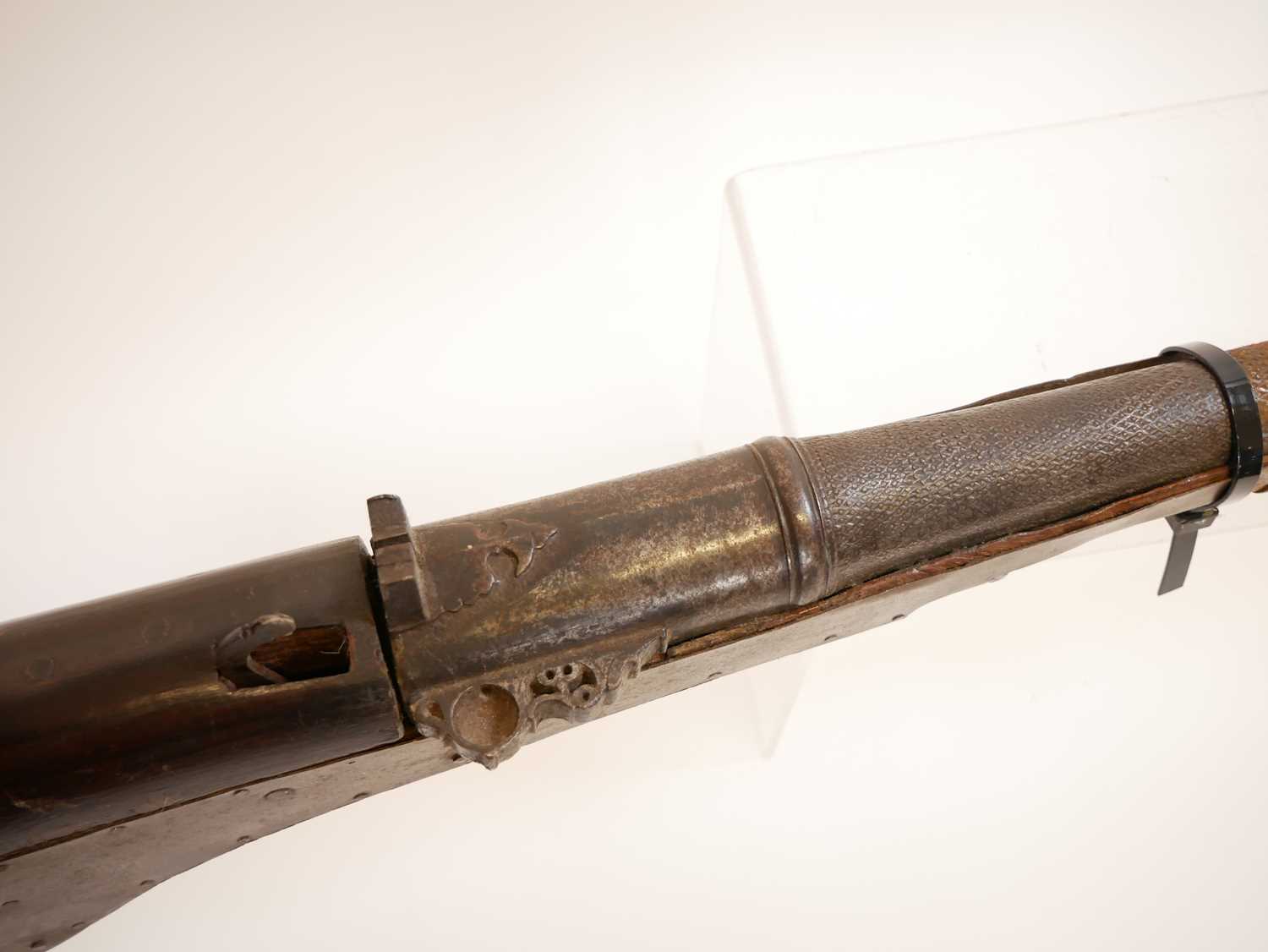 Large Indian matchlock, 42 inch barrel approximately 10 bore, steel reinforced stock. THIS LOT IS - Image 5 of 15