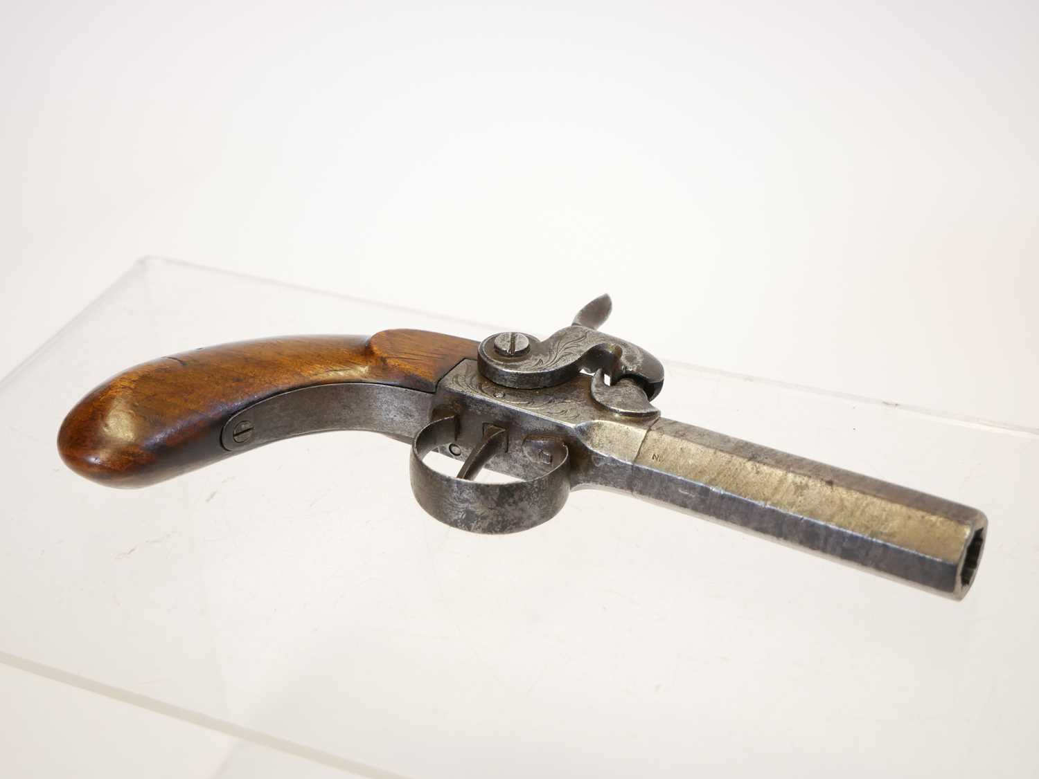 Belgian 48 bore percussion pistol, with 3inch rifled octagonal barrel ,boxlock action engraved - Image 2 of 9