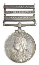 Queens South Africa medal with three clasps, Transvaal, Orange Free State, and Cape Colony, named