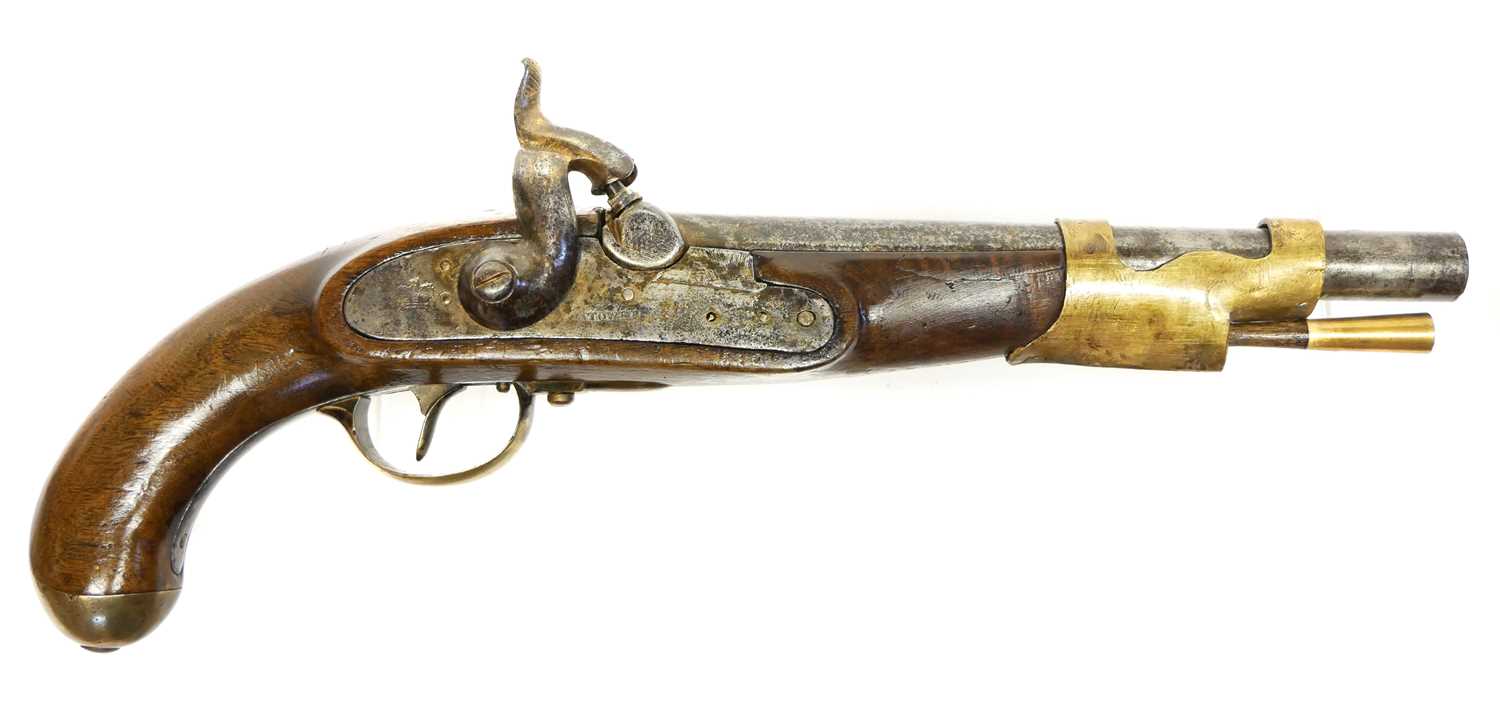 Composed percussion holster pistol, with 10 inch 16 bore barrel, tower stamped lock and brass