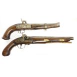 Two composed percussion pistols, with antique barrels and period locks one signed W. Haynes Reading,