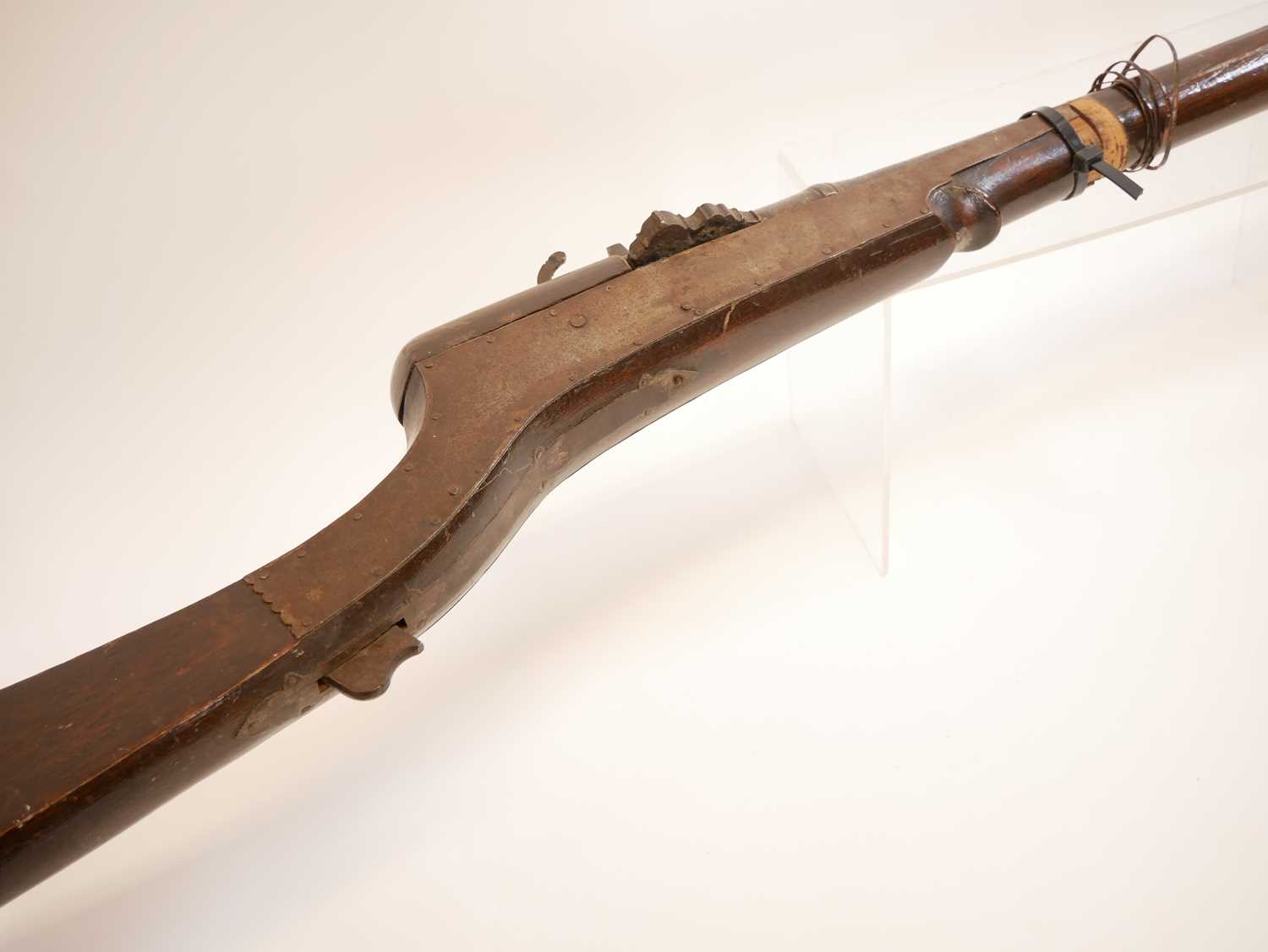 Large Indian matchlock, 42 inch barrel approximately 10 bore, steel reinforced stock. THIS LOT IS - Image 11 of 15