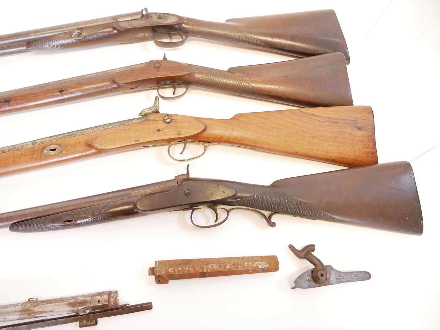 Four percussion shotguns for restoration, one a double barrel, the other three single barrels one by - Image 11 of 21