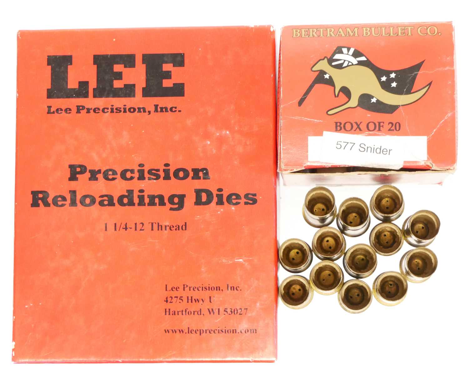 .577 Snider dies and cases, to include a Lee three die set with shell plate holder, also ten Bertram