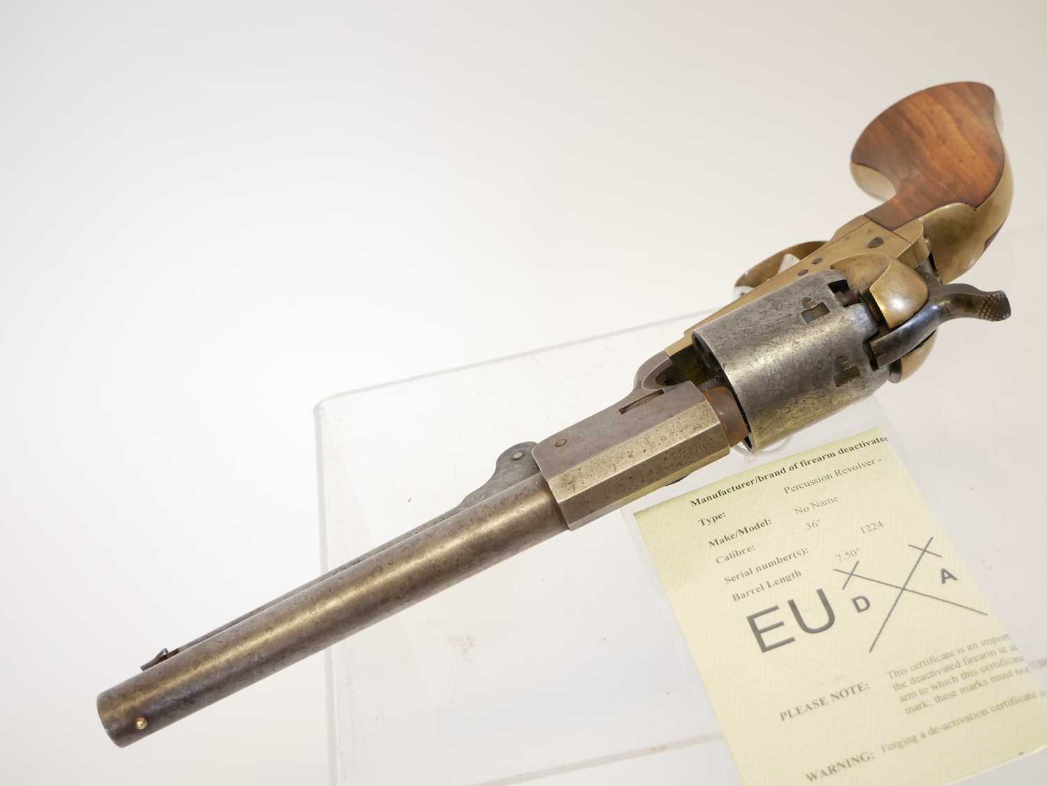 Deactivated Italian copy of a brass frame Colt navy percussion revolver, 7.5inch barrel, no serial - Bild 5 aus 7