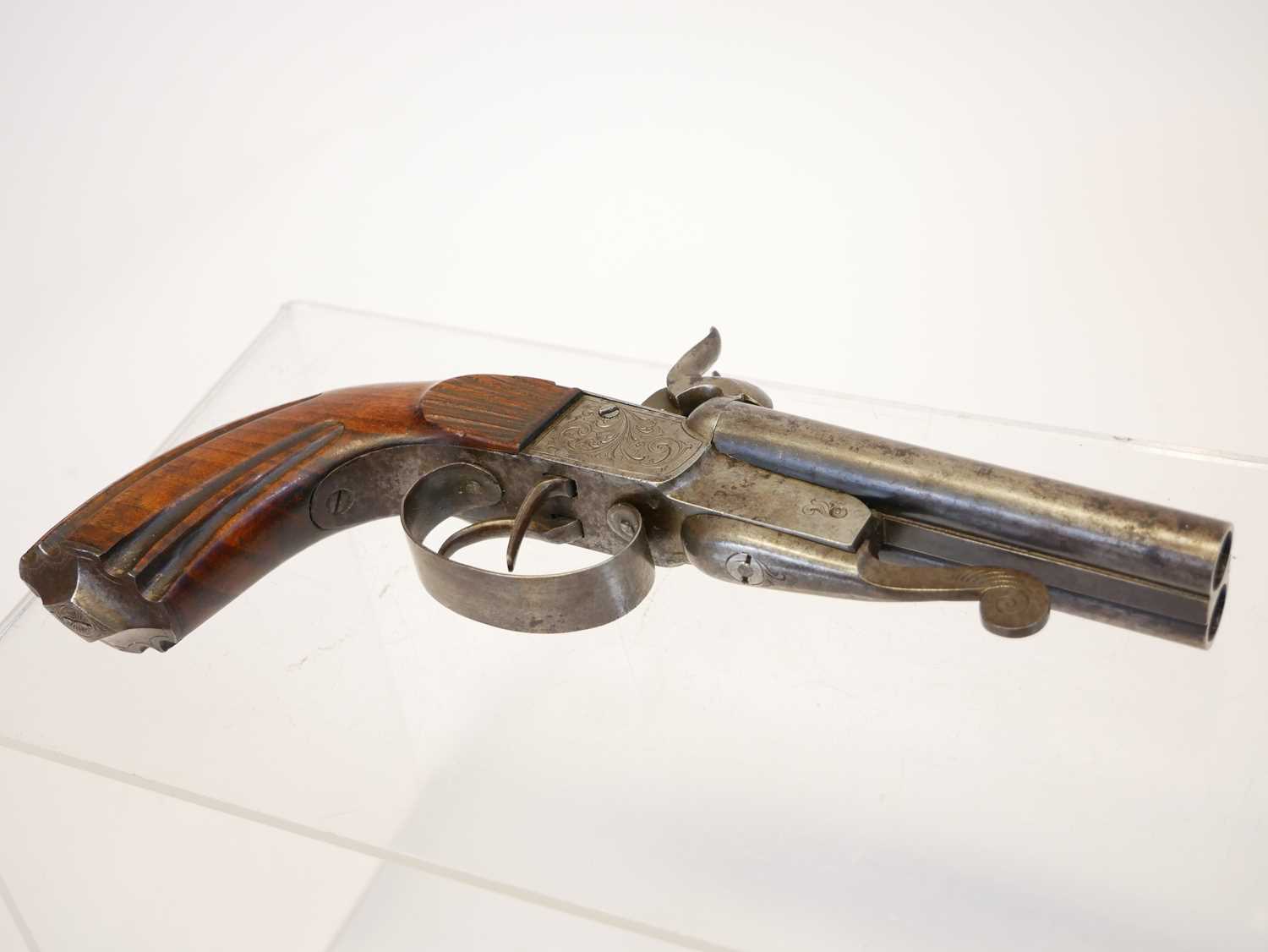 Belgian 56 bore double barrel pinfire pistol, with 4inch rifled barrels, boxlock action with - Image 2 of 9